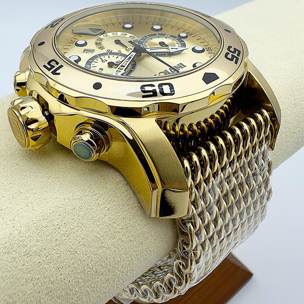 NEW Invicta Men's 48mm ProDiver Scuba Chronograph Watch Golden Dial SS Case Mesh - Picture 2 of 9